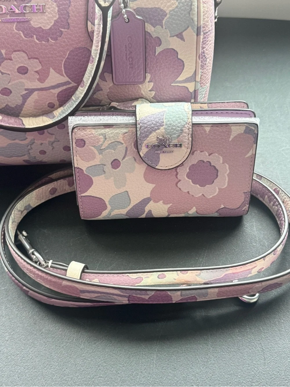 COACH Signature Canvas Satchel Wallet Set w/ Floral Print In Silver/Ivory/Purple - Picture 2 of 9